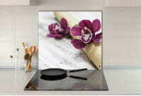 K&uuml;chenr&uuml;ckwand Glas 65x60 Spritzschutz Herd Sp&uuml;le Fliesenschutz Orchidee Violett